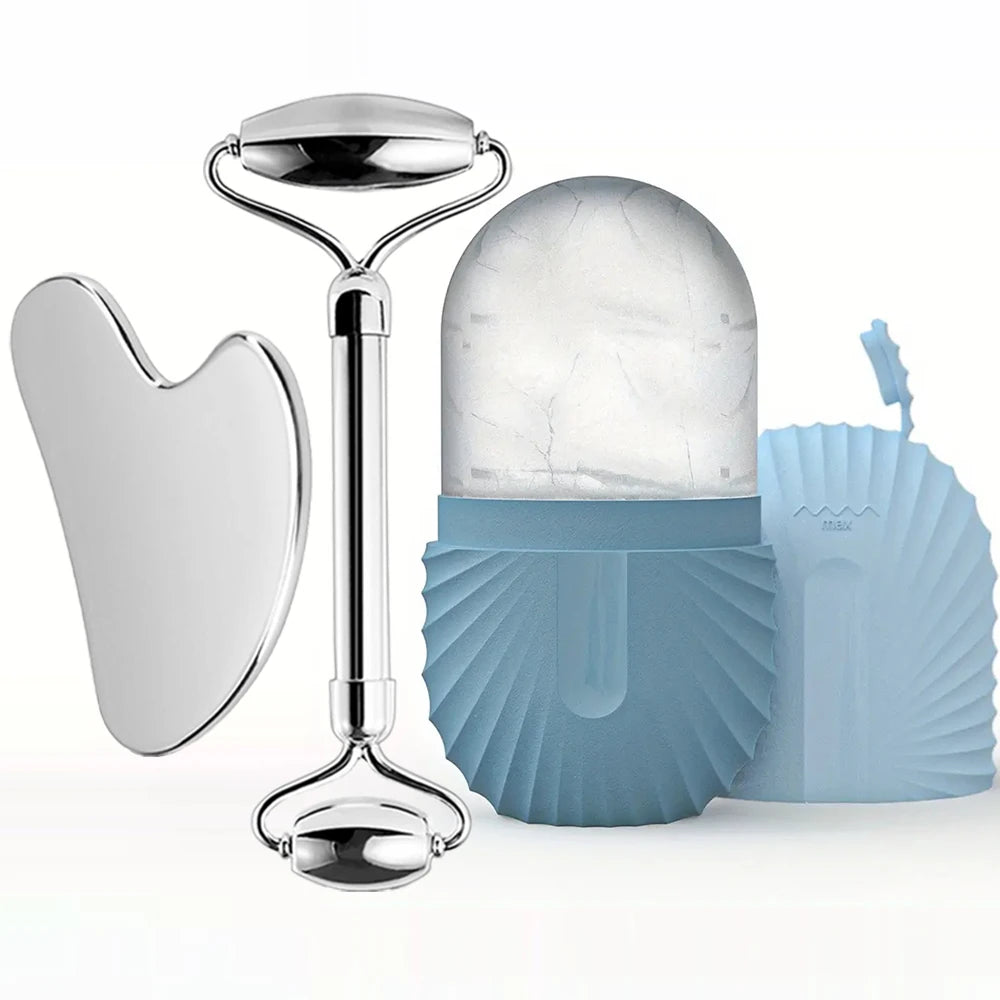 Ice Roller & Gua Sha Set – Stainless Steel Facial Massage & Skincare Tools